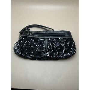 Black Leather Clutch Wristlet Purse‎ Handbag Small Sparkle Sequins Side Zip